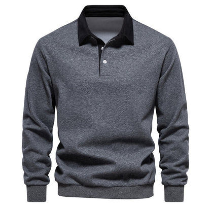 Men's Cotton Polo Shirt Slim Fit Dark Blue Black Long Sleeve Dark Grey