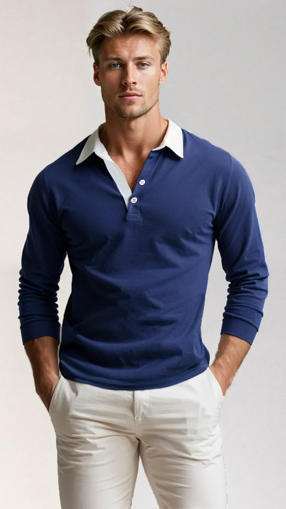Men's Cotton Polo Shirt Slim Fit Dark Blue Black Long Sleeve