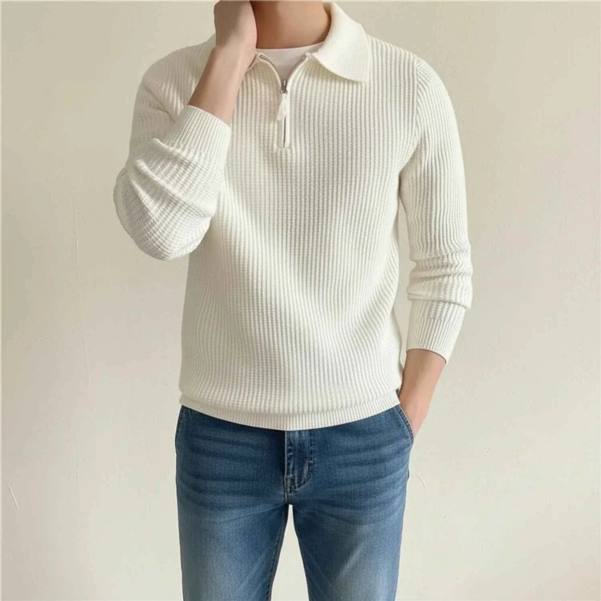 Men's Cotton Blend Quarter-zip Textured Knit Long Sleeve Sweater