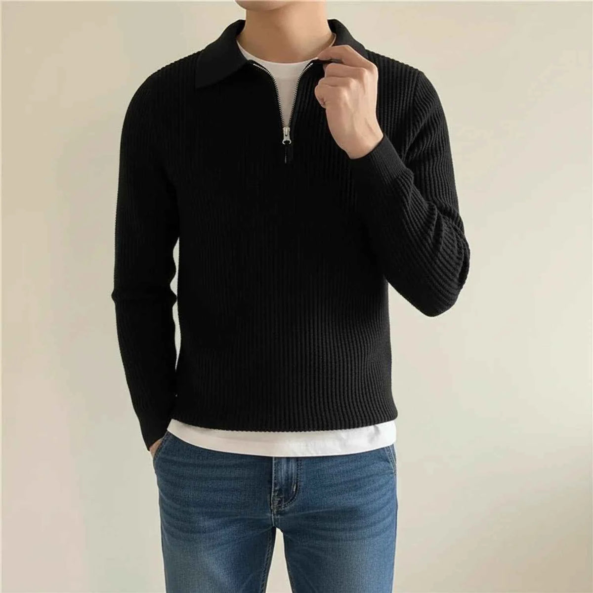 Men's Cotton Blend Quarter-zip Textured Knit Long Sleeve Sweater