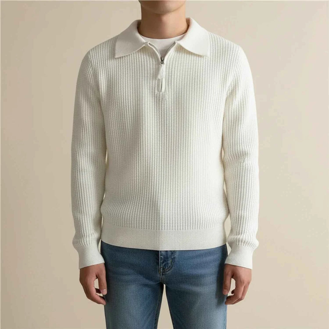 Men's Long-Sleeve Quarter Zip Polo Sweater White