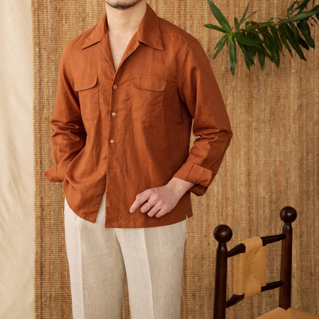 Men's Long Sleeve Relaxed Fit Shirt – Breathable Fabric – Front Button Closure Brown