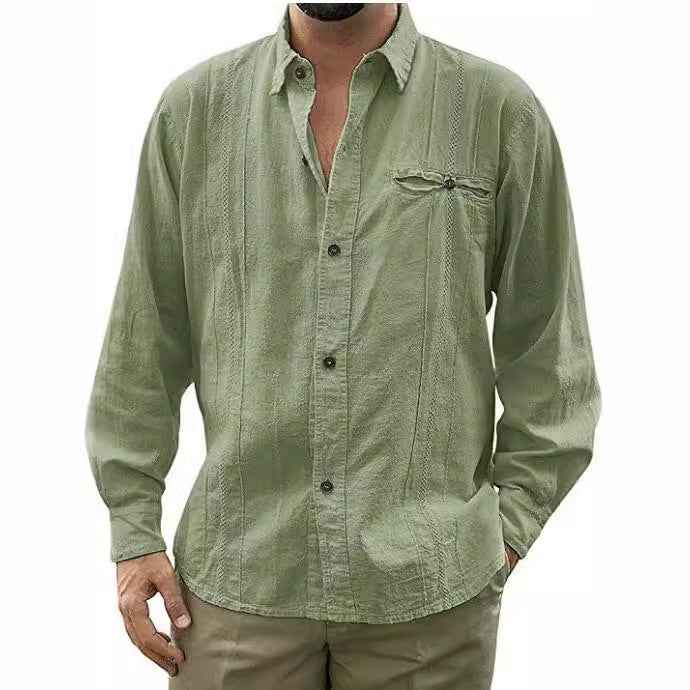 Men's Long Sleeve Shirt – Relaxed Fit – Breathable Fabric – Front Buttons & Chest Pocket Green