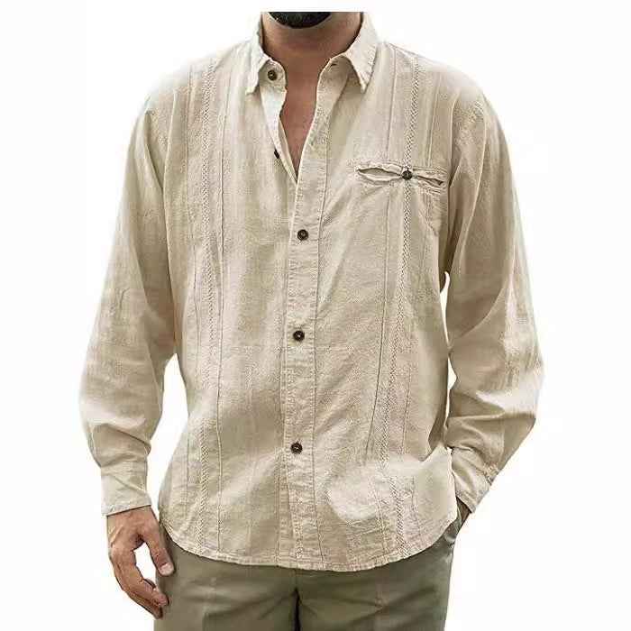 Men's Long Sleeve Shirt – Relaxed Fit – Breathable Fabric – Front Buttons & Chest Pocket Khaki