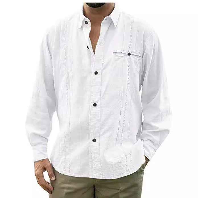 Men's Long Sleeve Shirt – Relaxed Fit – Breathable Fabric – Front Buttons & Chest Pocket White