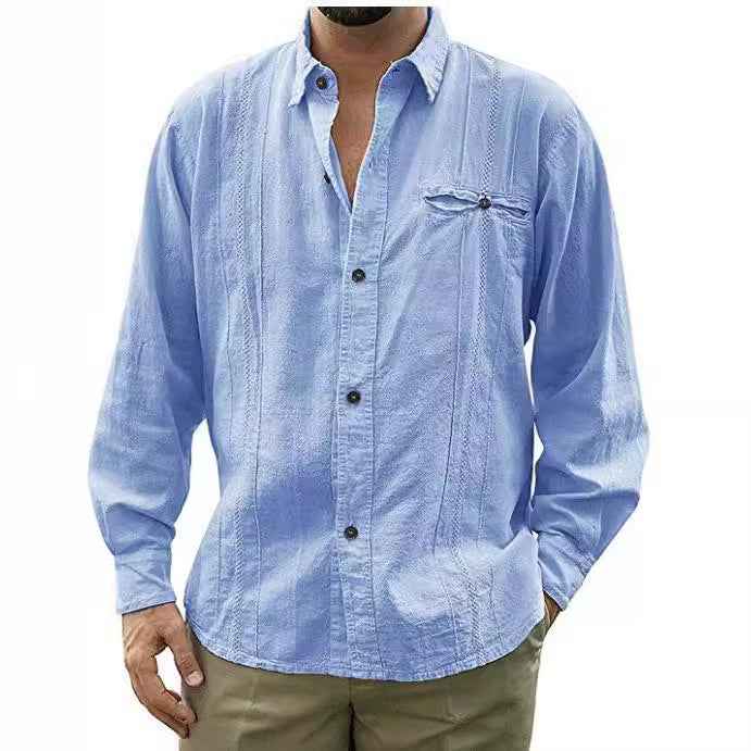 Men's Long Sleeve Shirt – Relaxed Fit – Breathable Fabric – Front Buttons & Chest Pocket Blue