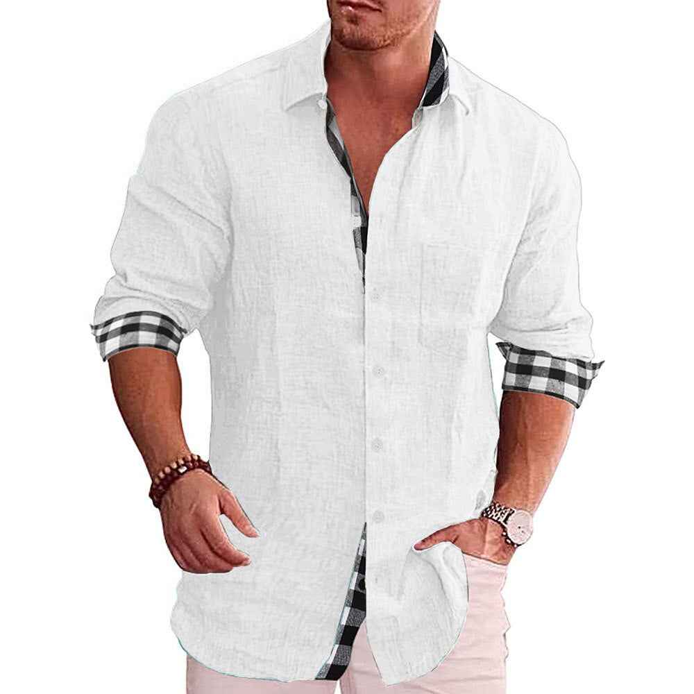Men's Long Sleeve Shirt – Tailored Fit – Breathable with Checked Detail White