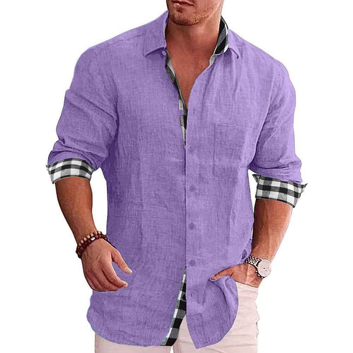 Men's Long Sleeve Shirt – Tailored Fit – Breathable with Checked Detail Purple