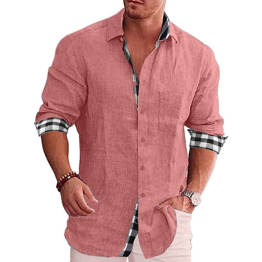 Men's Long Sleeve Shirt – Tailored Fit – Breathable with Checked Detail Pink