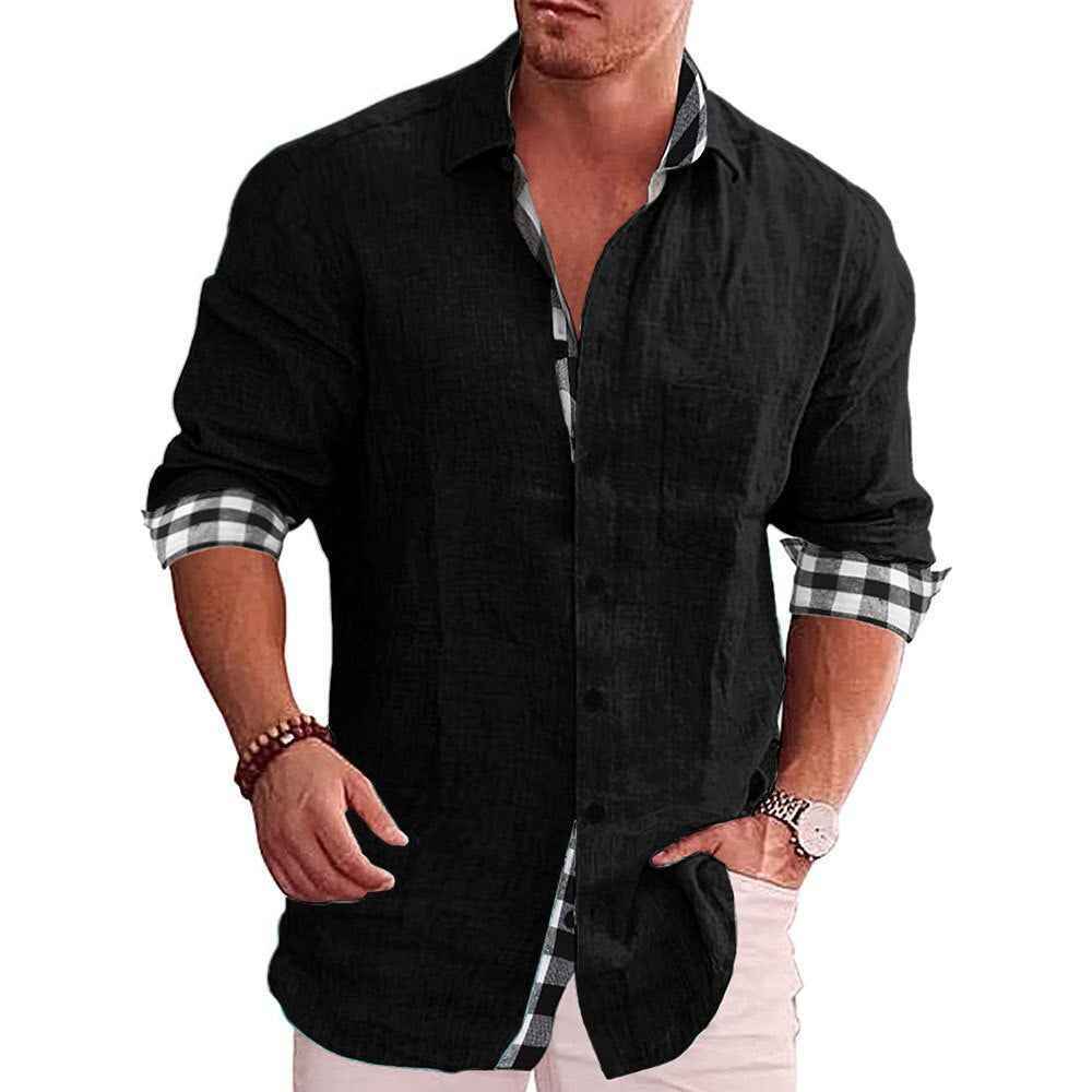 Men's Long Sleeve Shirt – Tailored Fit – Breathable with Checked Detail Black