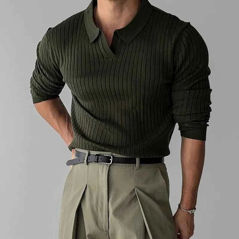 Men's Striped Polo Shirt Brown Black Long Sleeve V-Neck
