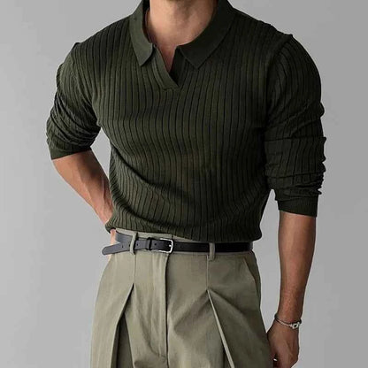 Men's Striped Polo Shirt Brown Black Long Sleeve V-Neck