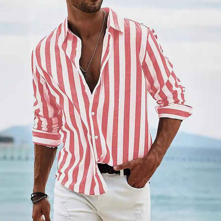 Men's Long Sleeve Striped Shirt – Relaxed Fit – Breathable Casual Wear Red