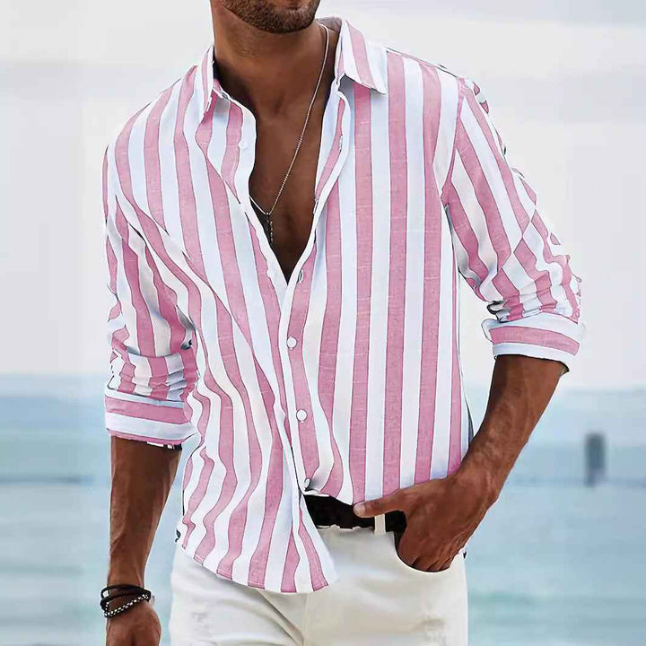 Men's Long Sleeve Striped Shirt – Relaxed Fit – Breathable Casual Wear Pink