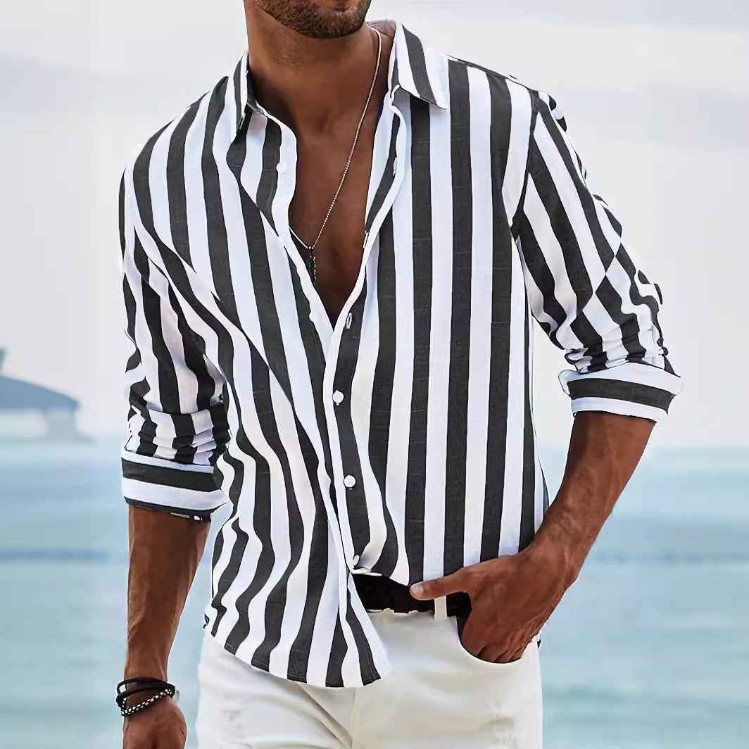 Men's Long Sleeve Striped Shirt – Relaxed Fit – Breathable Casual Wear Black
