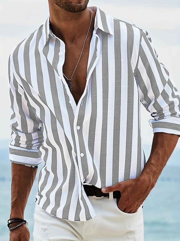 Men's Long Sleeve Striped Shirt – Relaxed Fit – Breathable Casual Wear Light Grey