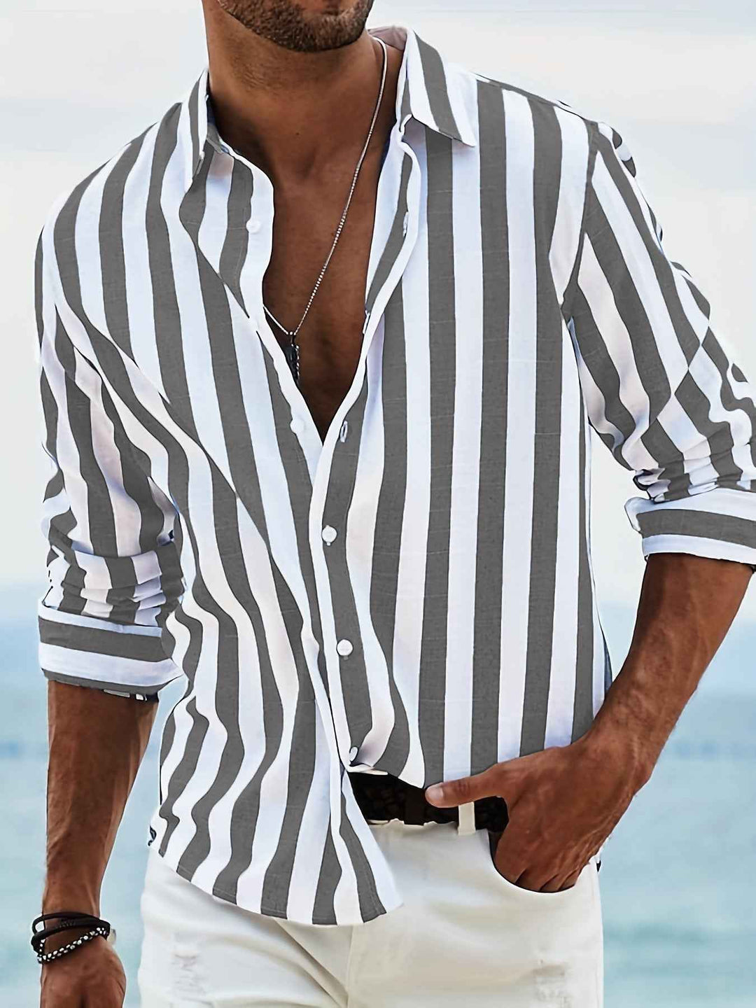 Men's Long Sleeve Striped Shirt – Relaxed Fit – Breathable Casual Wear Dark Grey