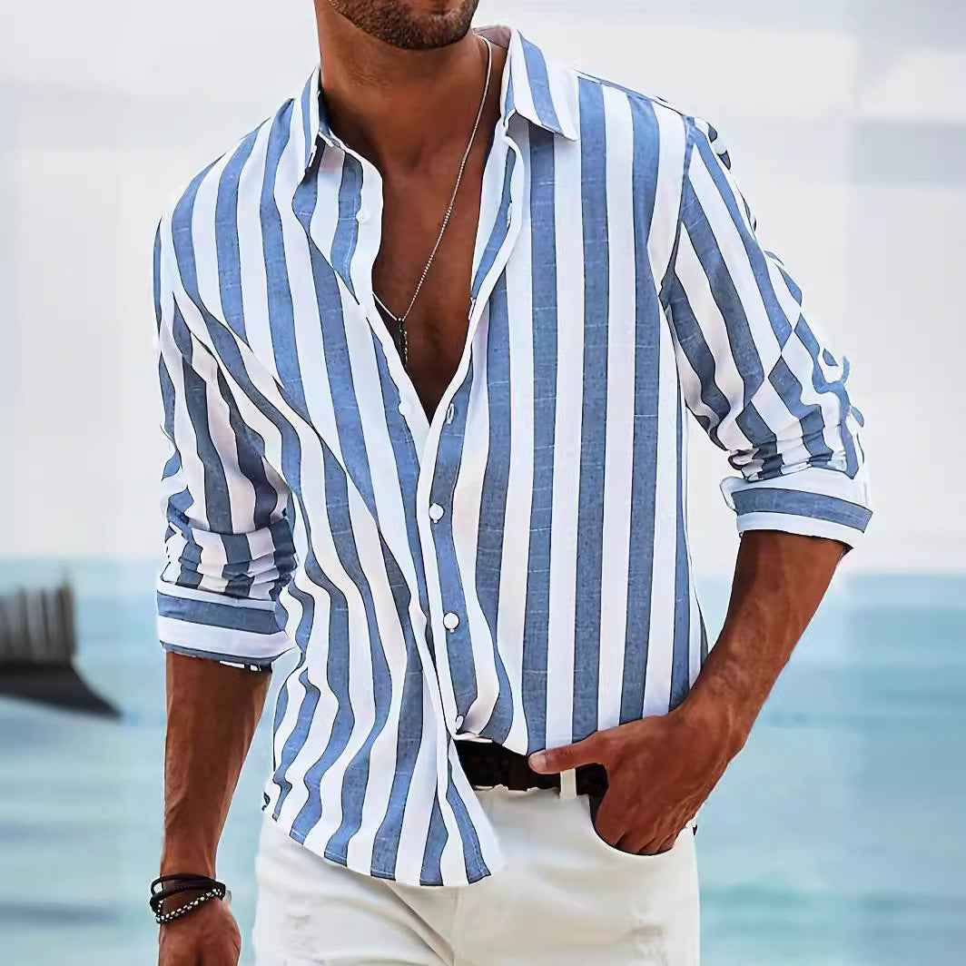 Men's Long Sleeve Striped Shirt – Relaxed Fit – Breathable Casual Wear Blue