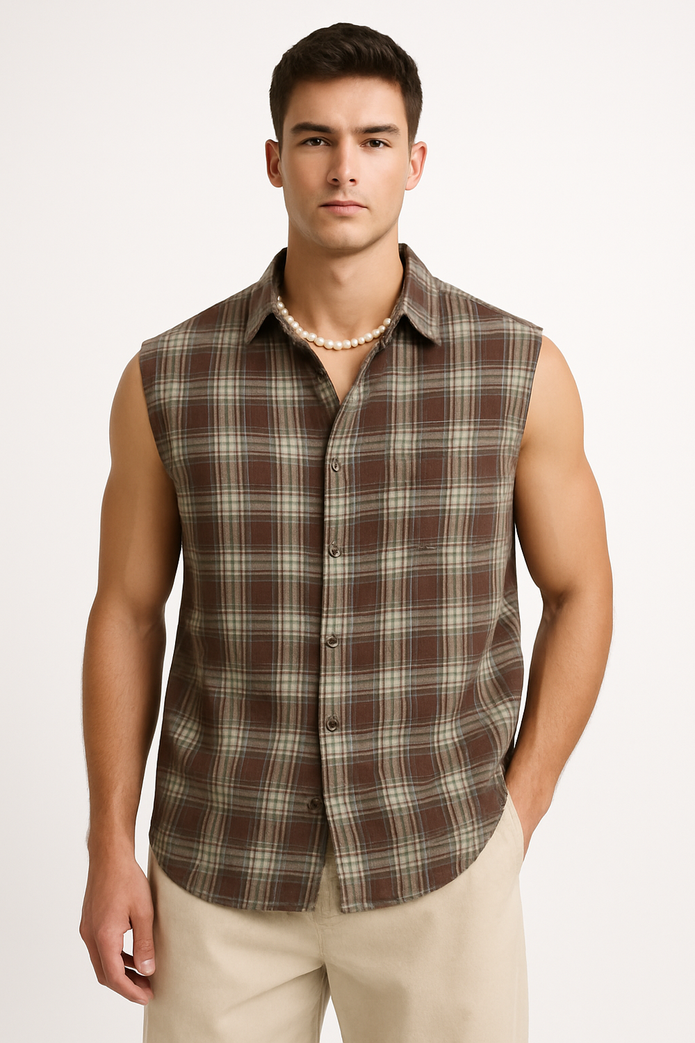 Men's Loose Fit Sleeveless Shirt – Breathable Checked Design with Button Closure Brown
