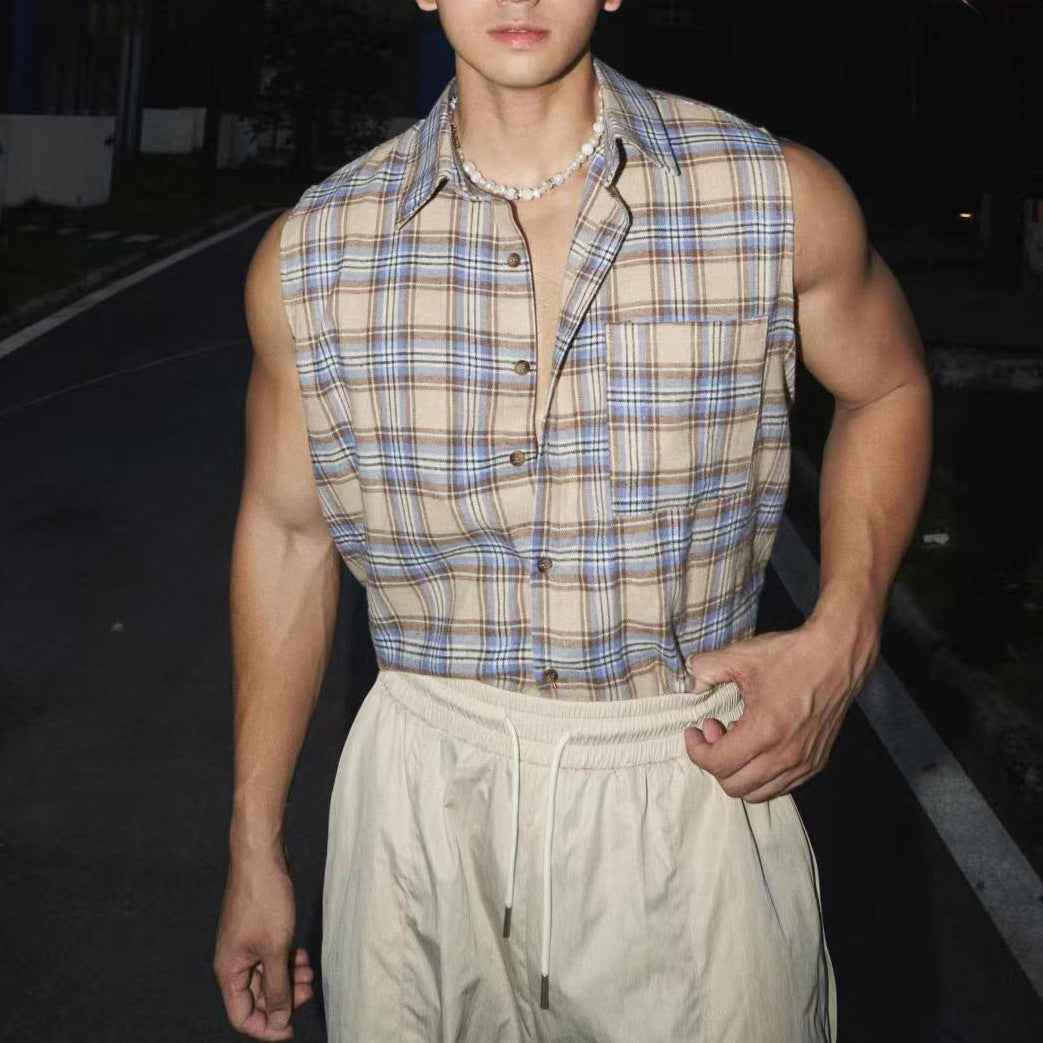 Men's Loose Fit Sleeveless Shirt – Breathable Checked Design with Button Closure