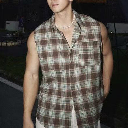 Men's Loose Fit Sleeveless Shirt – Breathable Checked Design with Button Closure