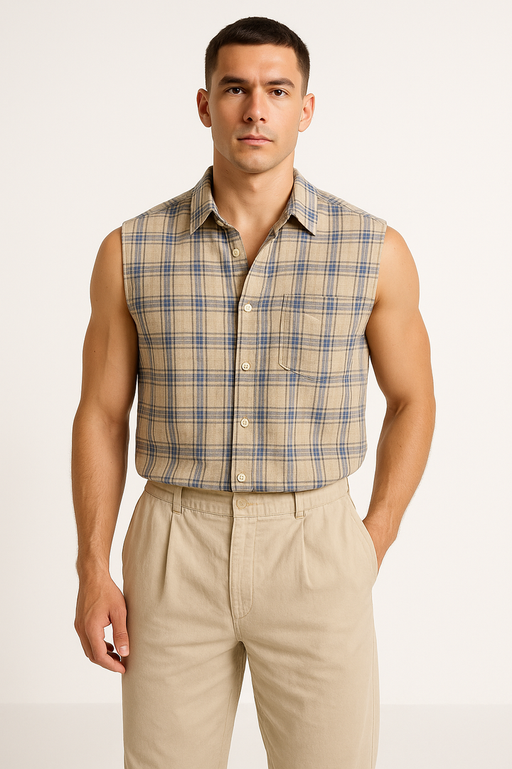 Men's Loose Fit Sleeveless Shirt – Breathable Checked Design with Button Closure Purple