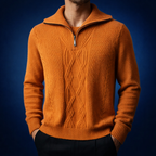Men's Merino Wool Cable Knit Quarter Zip Shawl Collar Sweater Burnt Amber