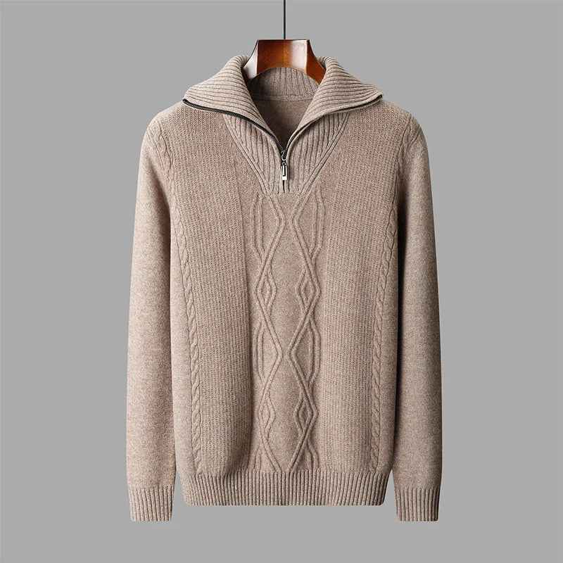 Men's Merino Wool Cable Knit Quarter Zip Shawl Collar Sweater