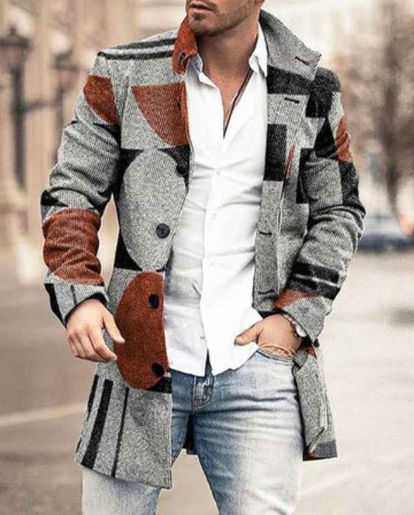 Men's Mid-Length Coat – Tailored Fit – Wool Blend – Check Pattern – Button Closure Brown