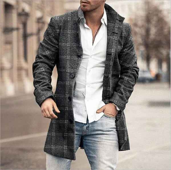 Men's Mid-Length Coat – Tailored Fit – Wool Blend – Check Pattern – Button Closure Grey Check