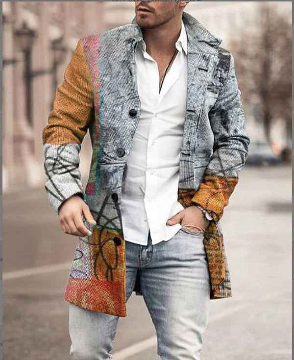 Men's Mid-Length Coat – Tailored Fit – Wool Blend – Check Pattern – Button Closure Grey - Brown