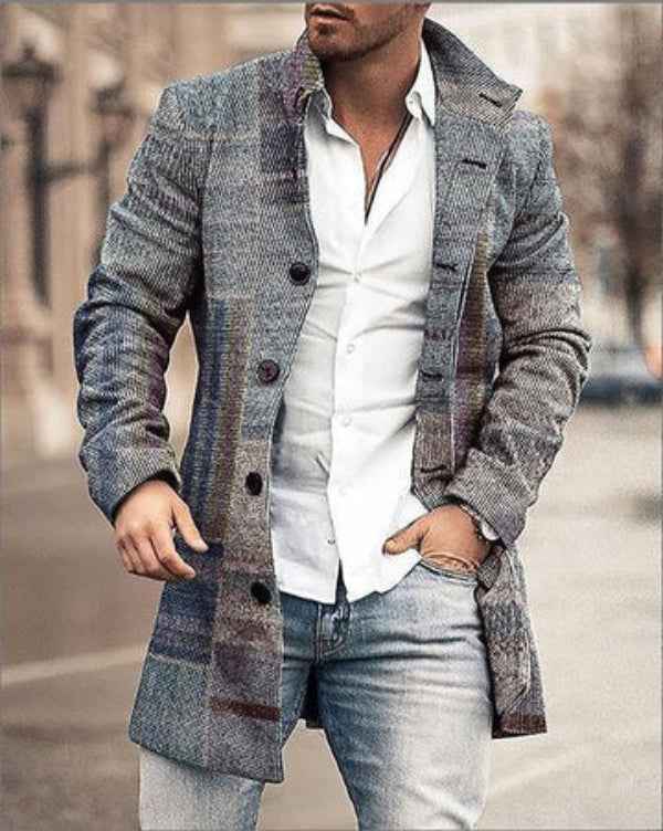 Men's Mid-Length Coat – Tailored Fit – Wool Blend – Check Pattern – Button Closure Grey
