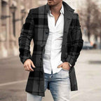 Men's Wool Blend Check Pattern Tailored Button Mid Length Coat Black