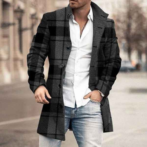 Men's Mid-Length Coat – Tailored Fit – Wool Blend – Check Pattern – Button Closure Black