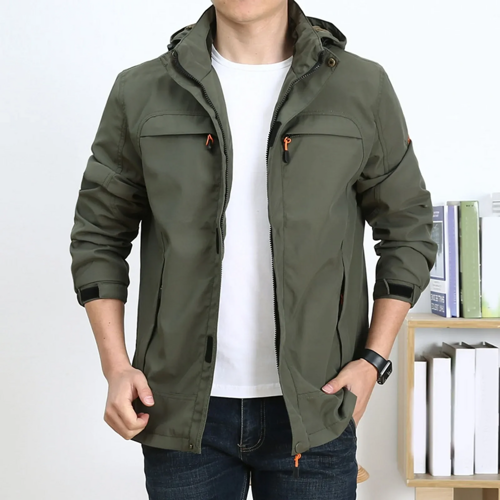 Men's Mid-Length Cotton Jacket with Hood and Multiple Pockets - Regular Fit Green