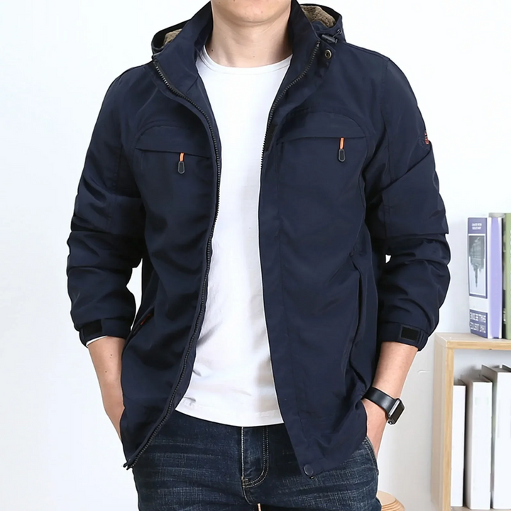 Men's Mid-Length Cotton Jacket with Hood and Multiple Pockets - Regular Fit Blue