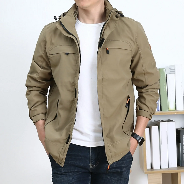 Men's Mid-Length Cotton Jacket with Hood and Multiple Pockets - Regular Fit Khaki