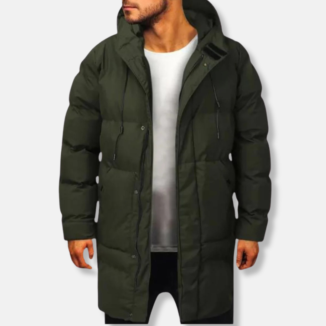 Men's Mid-Length Puffer Jacket – Regular Fit, Padded, Lined, with Hood Dark Green