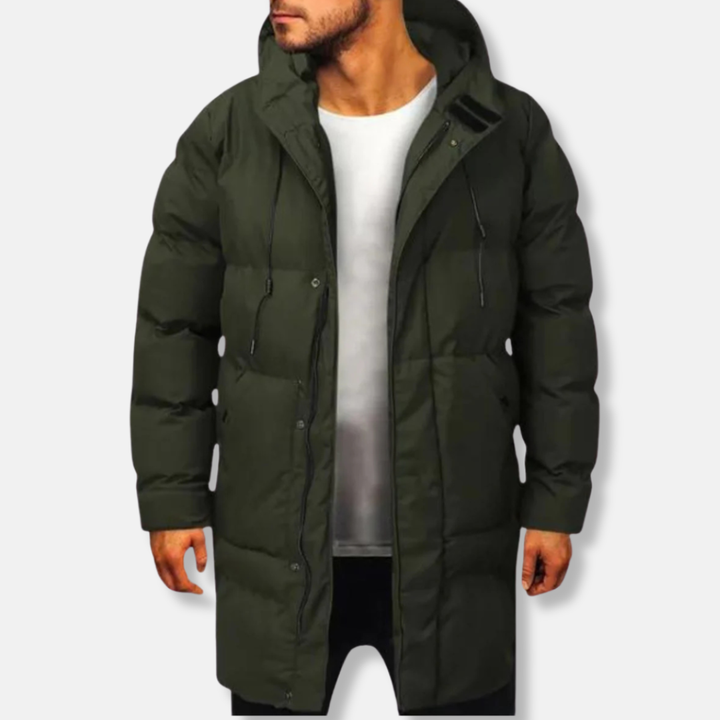 Men's Mid-Length Puffer Jacket – Regular Fit, Padded, Lined, with Hood Dark Green