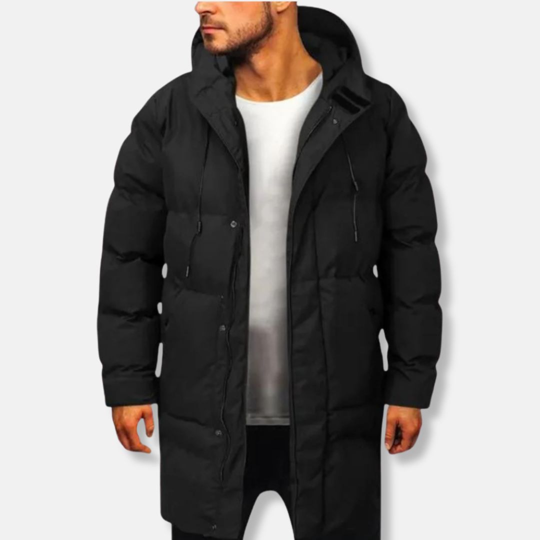 Men's Mid-Length Puffer Jacket – Regular Fit, Padded, Lined, with Hood Black