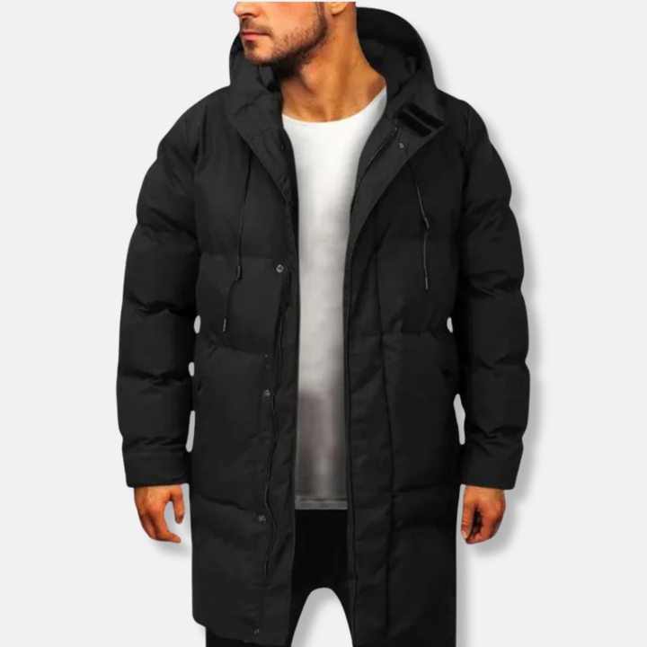 Men's Mid-Length Puffer Jacket – Regular Fit, Padded, Lined, with Hood Black