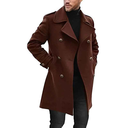 Men's Double-breasted Mid-length Coat Winter Essential Outerwear Brown