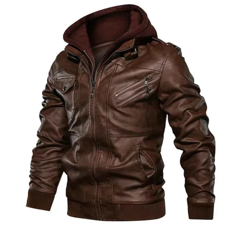Men's Moto Leather Jacket with Detachable Hood