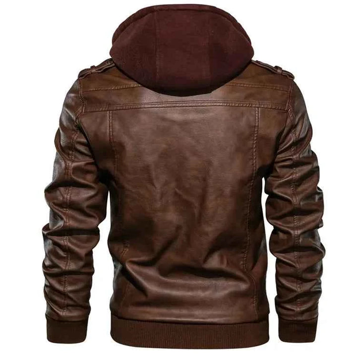 Men's Moto Leather Jacket with Detachable Hood
