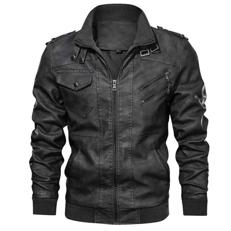 Men's Moto Leather Jacket with Detachable Hood