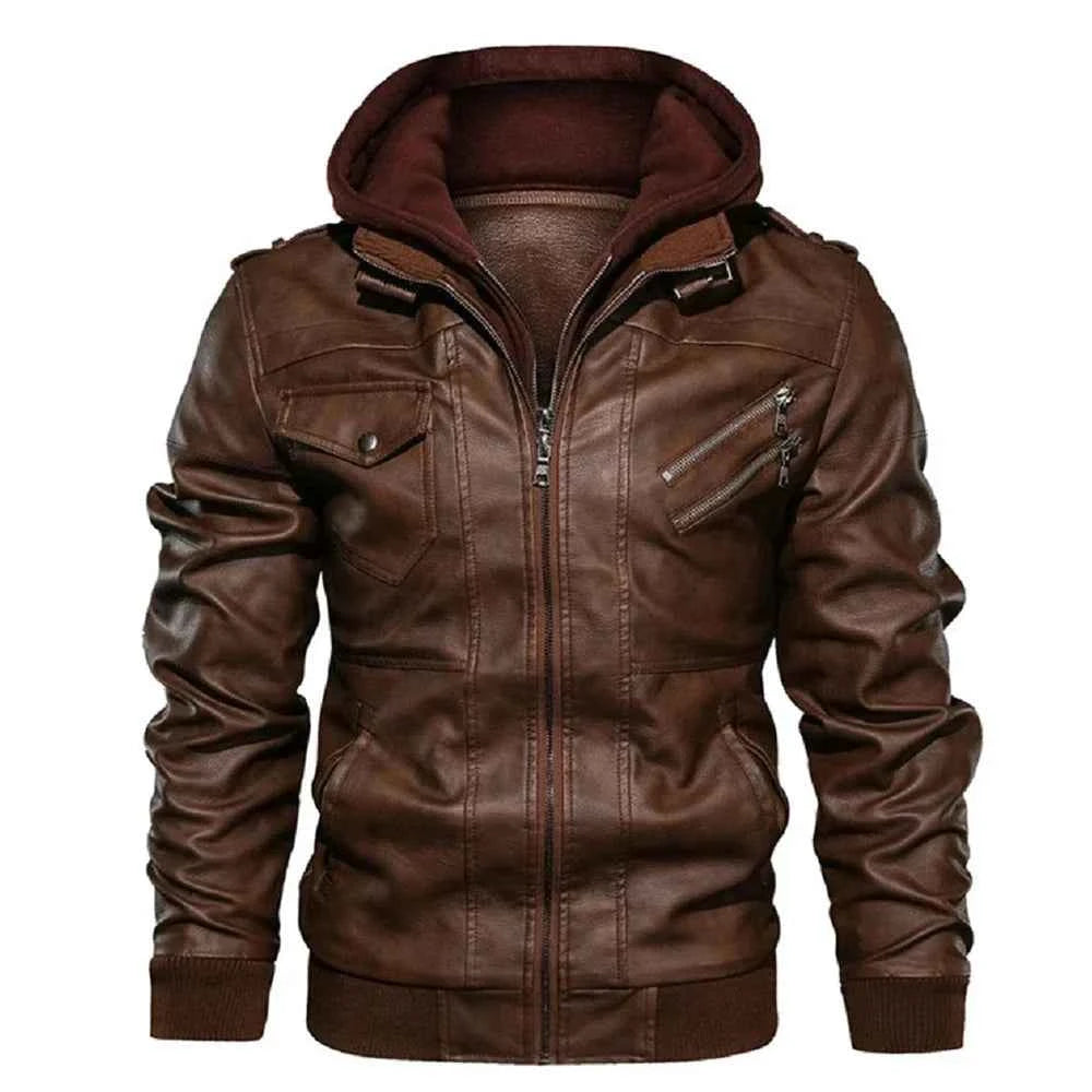 Men's Moto Leather Jacket with Detachable Hood Brown