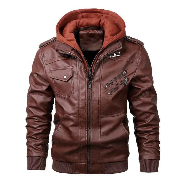 Men's Moto Leather Jacket with Detachable Hood Burgundy