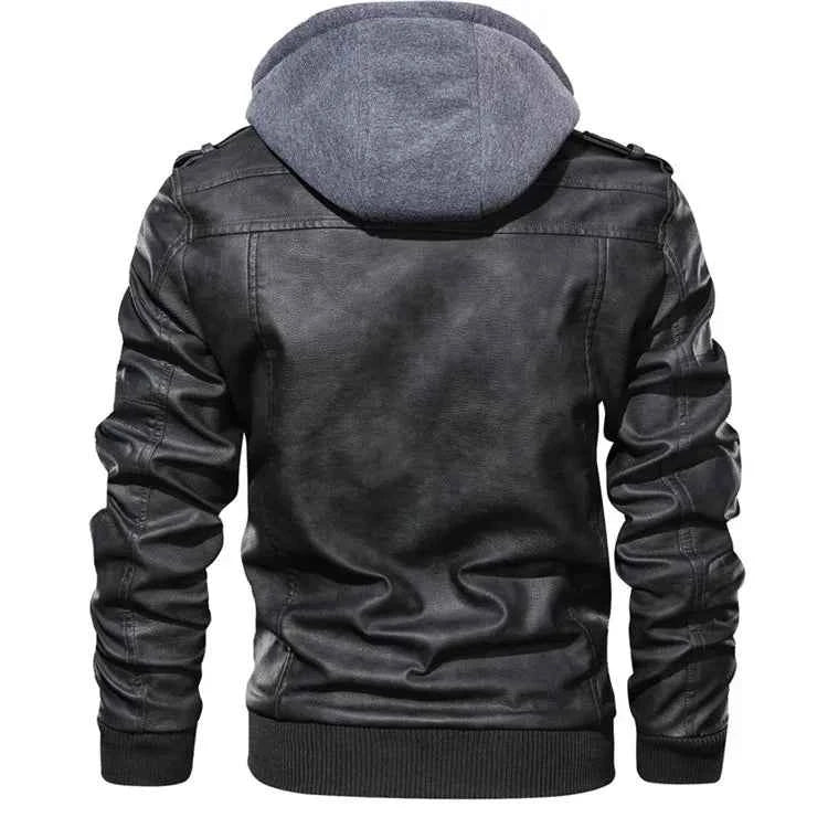 Men's Moto Leather Jacket with Detachable Hood