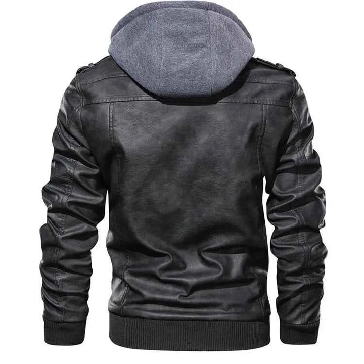Men's Moto Leather Jacket with Detachable Hood