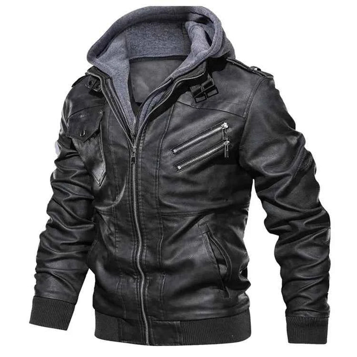 Men's Moto Leather Jacket with Detachable Hood